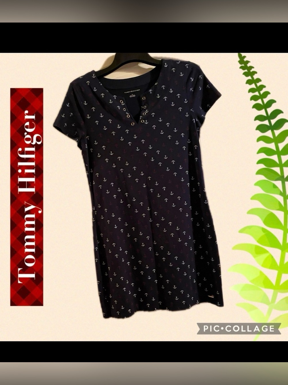 ♥️ Tommy Hilfiger Women's Dress M Navy Blue Anchors Nautical V neck Short sleeve